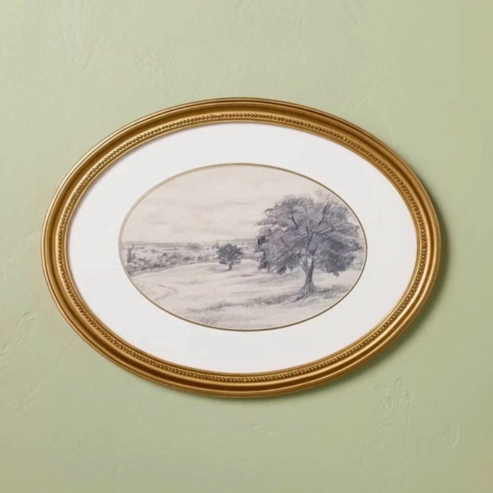 NWT Hearth & Hand- 12"x16" Horizontal Oval Landscape Sketch Framed Wall Art gold